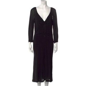 🖤Alberta Ferretti Black Midi Dress Plunge Neck Slimming Stretchy Mobwife Goth